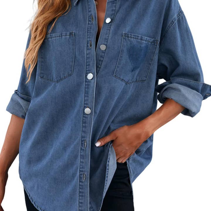 Masyal - Wholesale Button Down Shirt - Women's - Women's Casual Loose Denim Shirt with Turn-Down Collar8