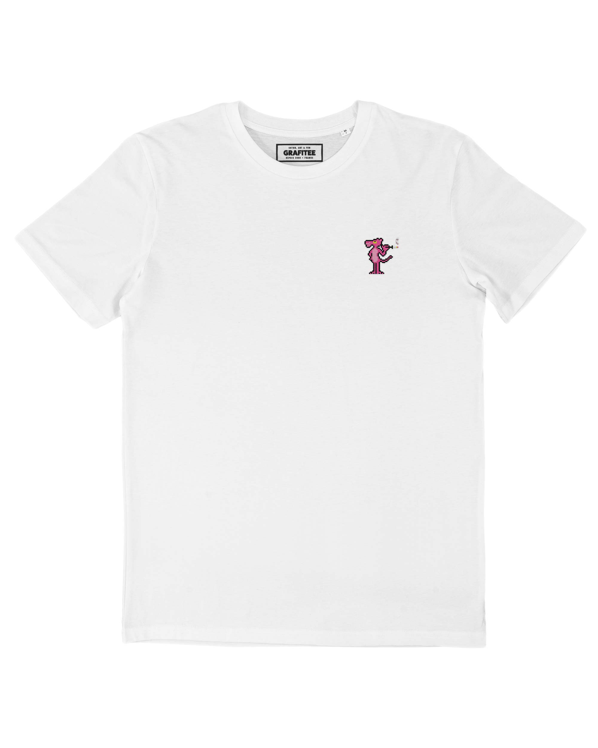 White Embroidered Pink Panther T-shirt - 100% organic cotton for wholesale on Faire