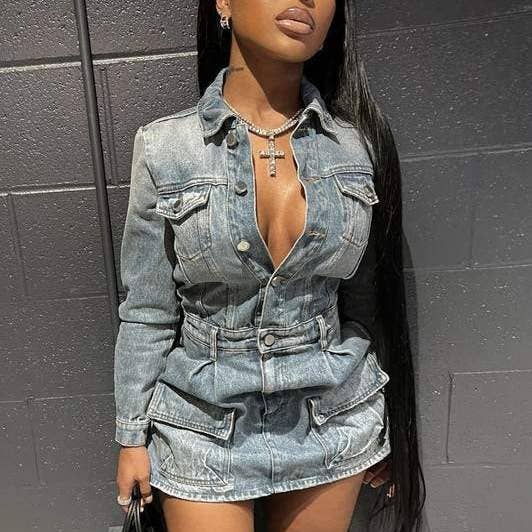 Denim mini dress and leg warmers set for wholesale by Devine Diva Fashion