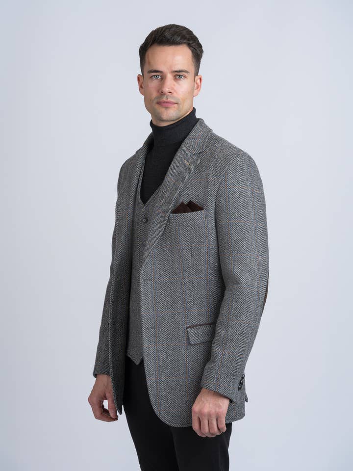 Grey Hunting Tweed Jacket with Moleskin Trim for wholesale on Faire2