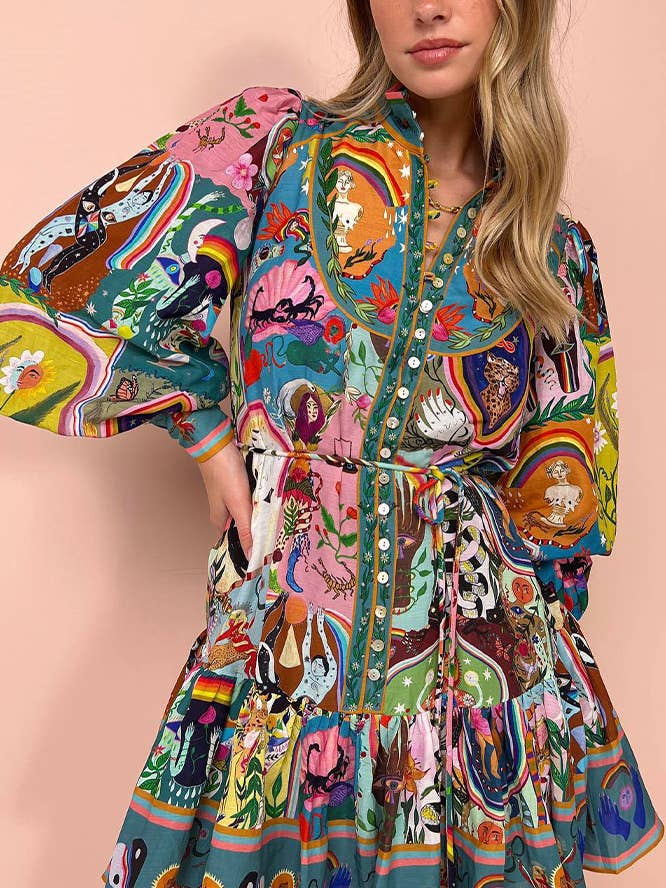 Printed Button Ruffles Dress JRM049 for wholesale by UNISHE