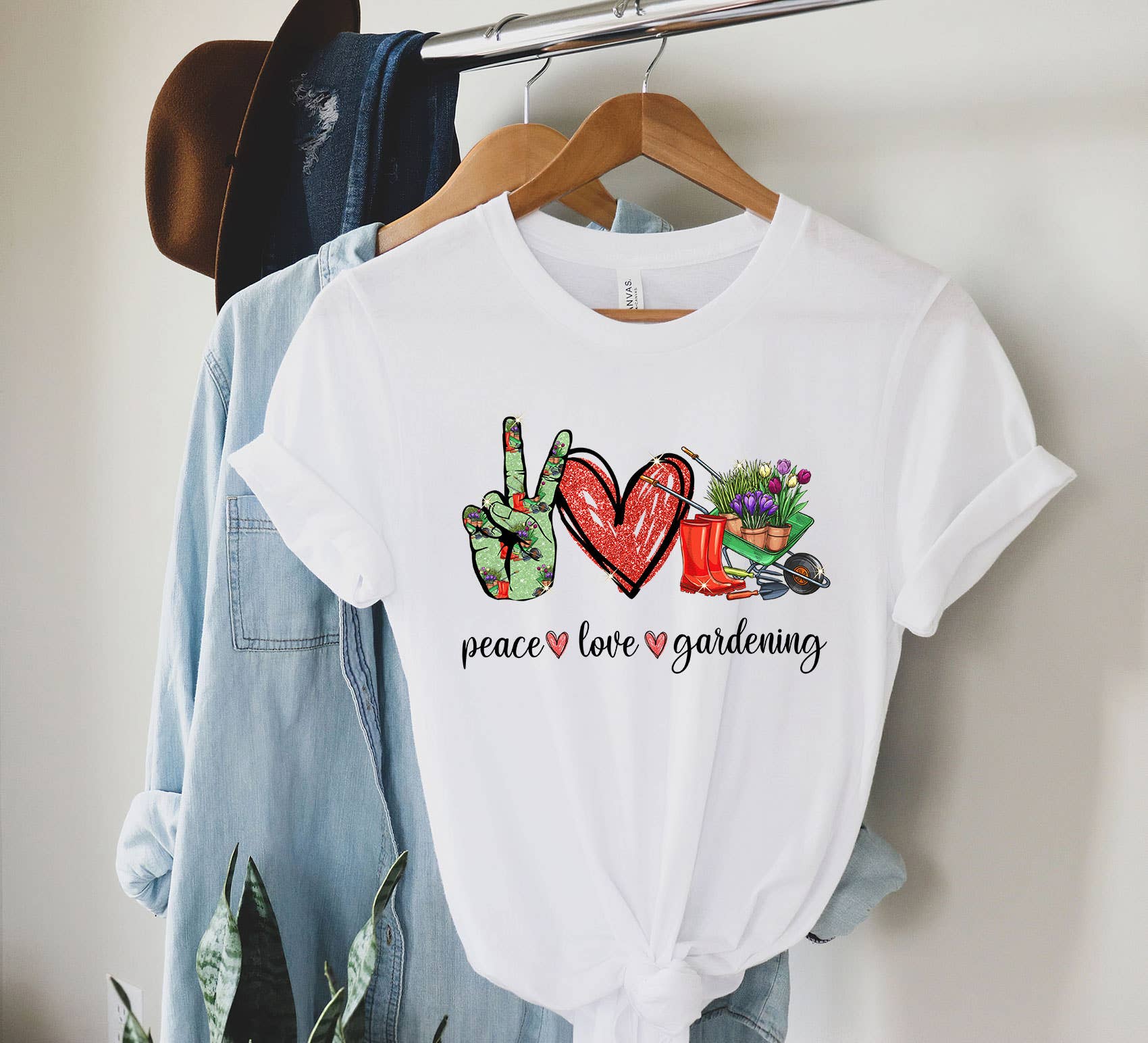White Peace Love Gardening Shirt, Gardener Shirt, Garden Shirt for wholesale on Faire1