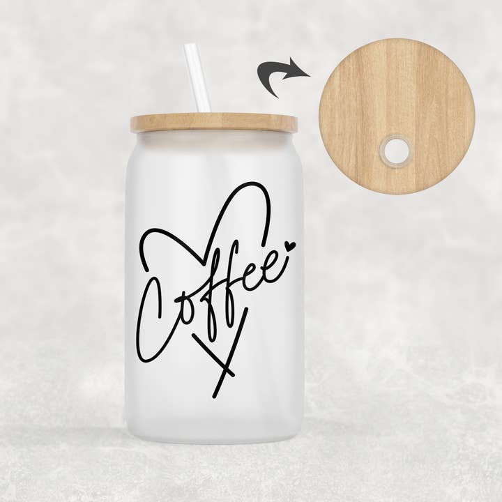 16 oz Kaffe Hjerte Matteret Glas Dåse - Kaffe elsker for engroshandel hos From Us To You Co. Handmade Goods