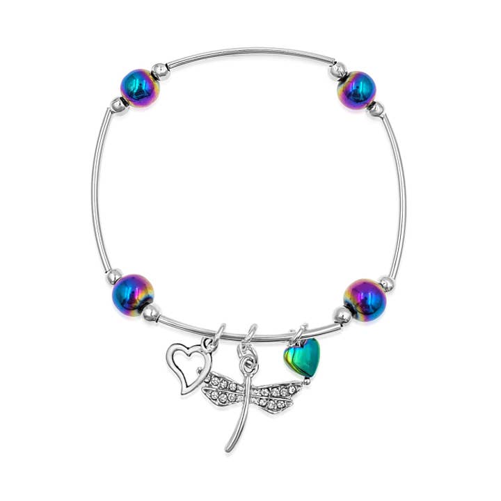 Bracelet en forme de tube de libellule en hématite arc-en-ciel et strass pour la vente par BESHEEK JEWELRY