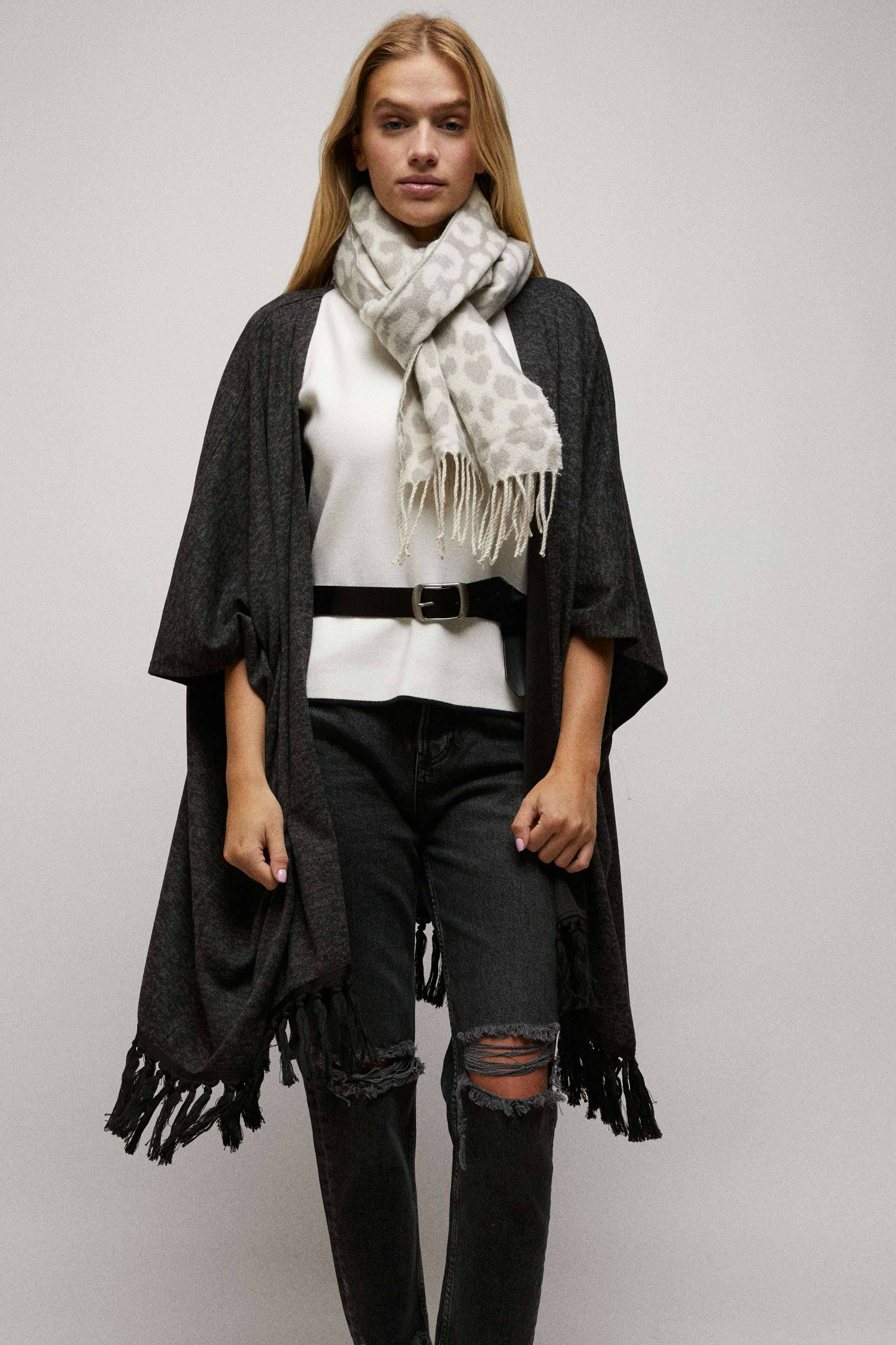 BLACK Fringe Hem Pashimina Kimono for wholesale on Faire