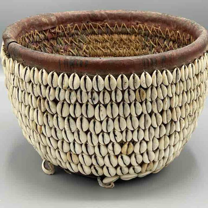 Vintage Tall Cowrie Shell Basket from Nigeria | 10 x 7" for wholesale by The Niger Bend