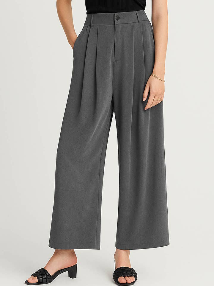 Ladies Solid Color Button Waist Wide Leg Pants for wholesale by Sweetkama