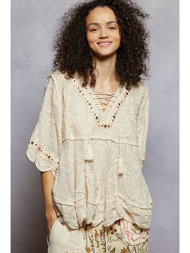 Pol Clothing - Wholesale Blouse - Women's - Short Sleeve Adjustable Drawstring Crochet V Neck Top20