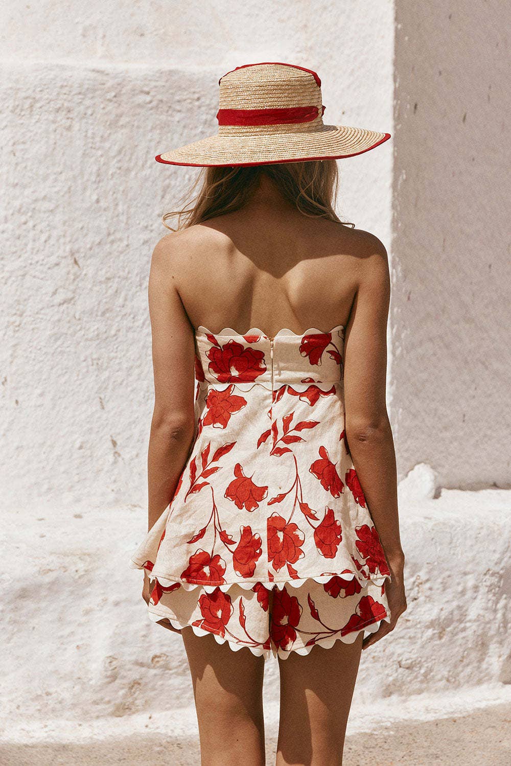 Red rose floral strapless babydoll peplum top & short set for wholesale on Faire5