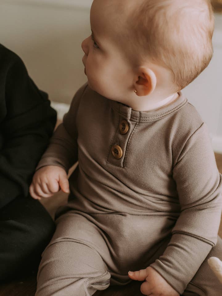 Taupe bamboo evolving onesie for wholesale by Kim & Joe
