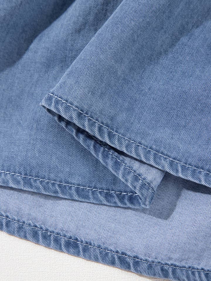 Ashleigh Blue Ruffled V Neck Smocked Denim Mini Dress for wholesale on Faire8