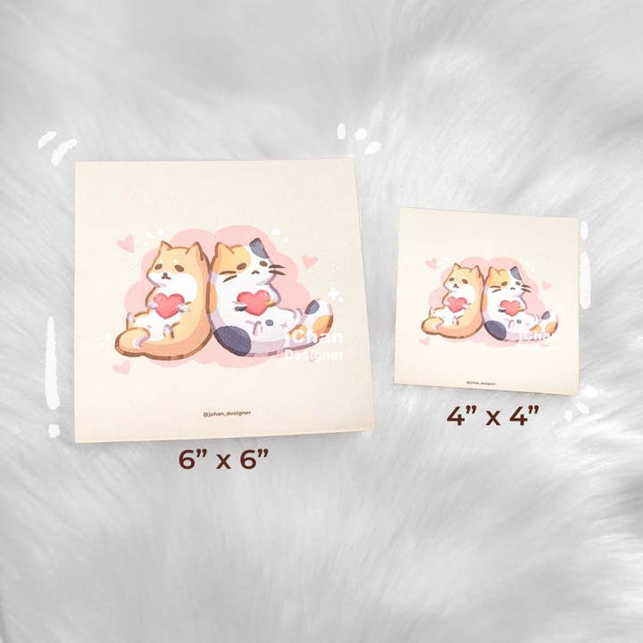Cute Calico Cat, Shiba Inu Dog Valentines Day Art Print, Kawaii Kitten, Puppy Holding Heart Square Wall Decor, Pet Lover Gift 4"x4" 6"x6" for wholesale by jChan Designer