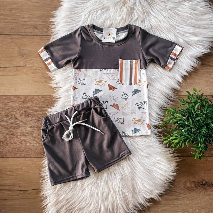 Paper Airplane Shorts Set by TwoCan for wholesale by Wellington Design Co.