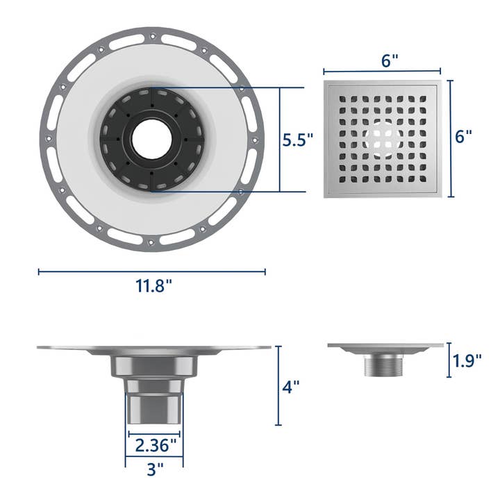 inQbrands – Conjunto de acessórios para casa de banho por atacado – Ralo de duche quadrado em aço inoxidável 6x6 com flange de PVC3