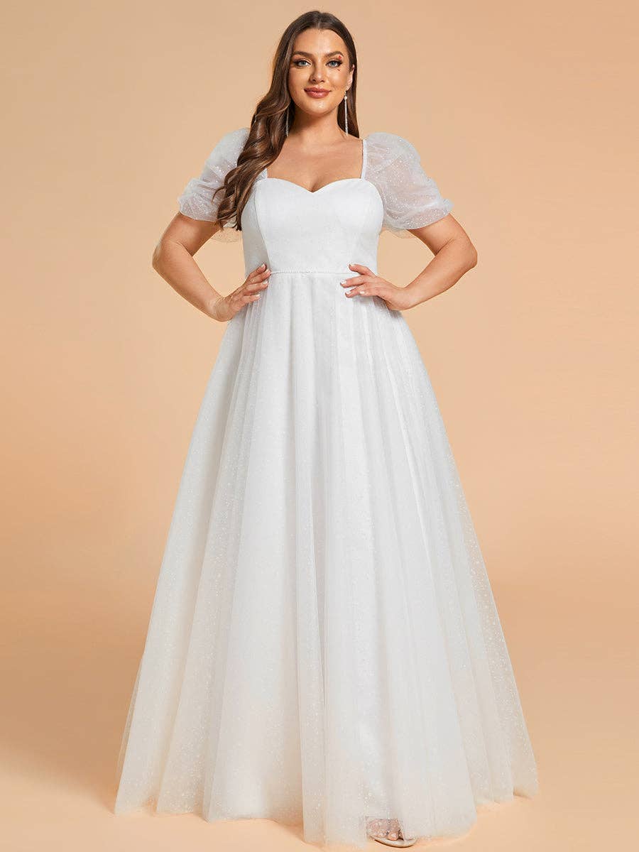 White Plus Size Wedding Dress with Puff Sleeves for wholesale on Faire0