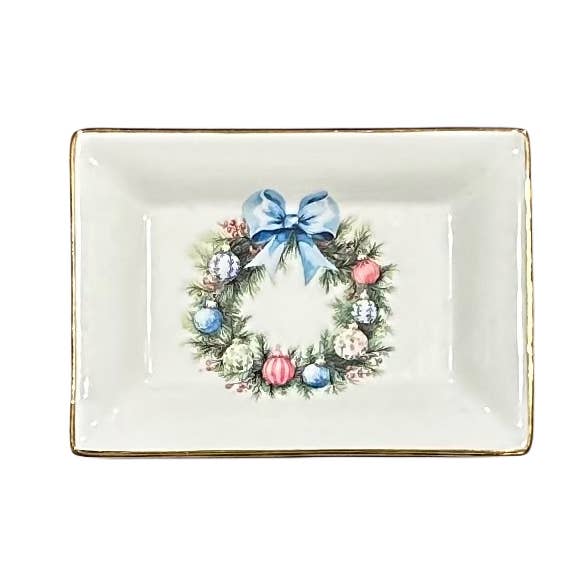 Christmas Holiday Wreath w/ Blue Bow Trinket Tray for wholesale by The French Bee & Co
