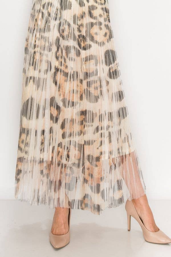 PT Leopard Chic Lined Pleated Tulle Midi Skirt With Elastic Waist - 4034BG/LEO for wholesale on Faire2