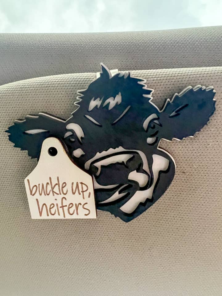 "Buckle Up Heifers" Cow Car Visor Clip On Charm for wholesale by Three Busy Bees Creations