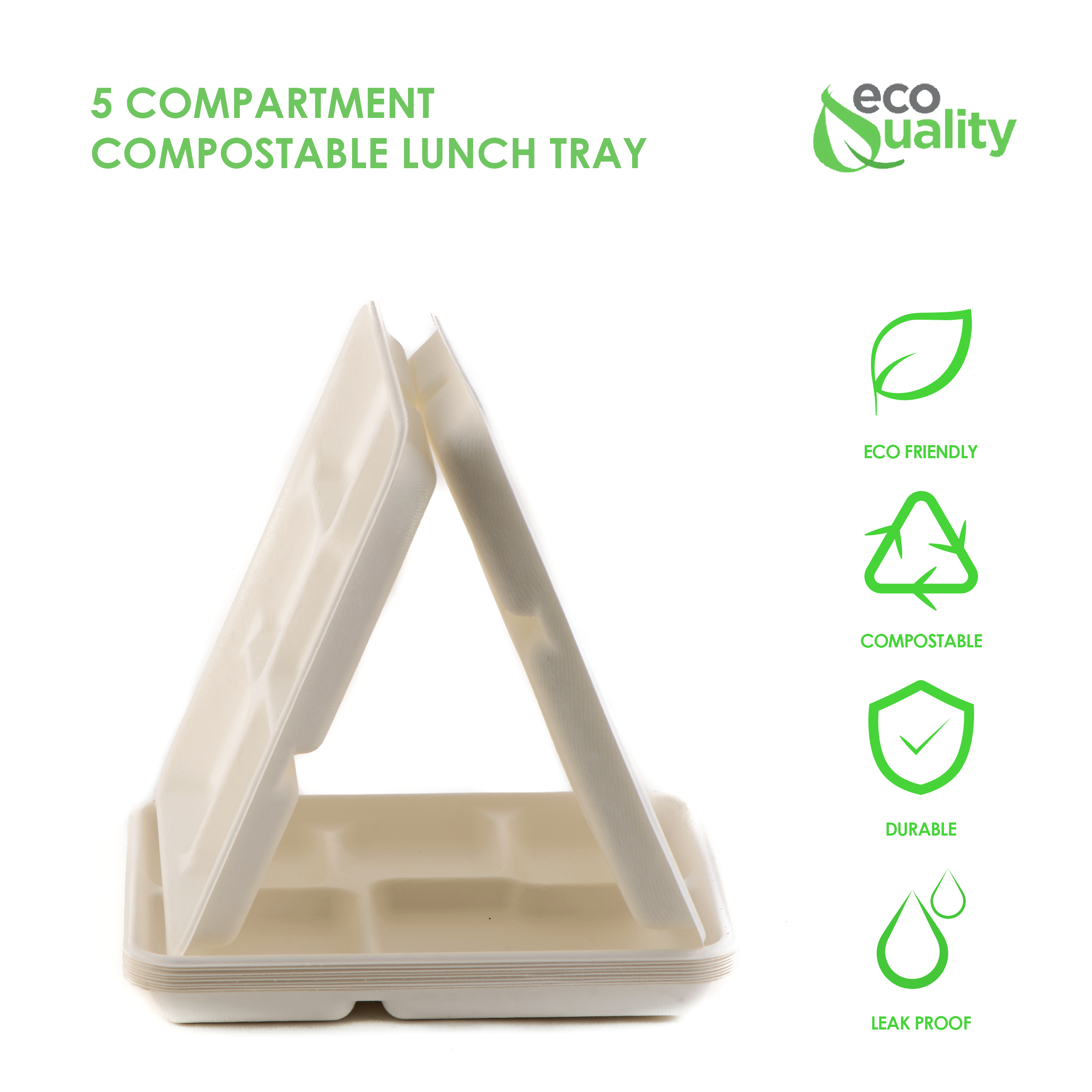 EcoQuality - Vente Assiette jetable - Plateau jetable compostable en fibre de pulpe de canne à sucre à 5 compartiments (25,4 x 21,1 x 2,3 cm)1