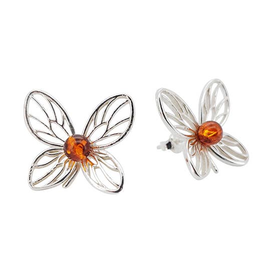 Amberman – wholesale Stud/post earrings – Butterfly Cognac Amber Sterling Silver Stud Earrings0