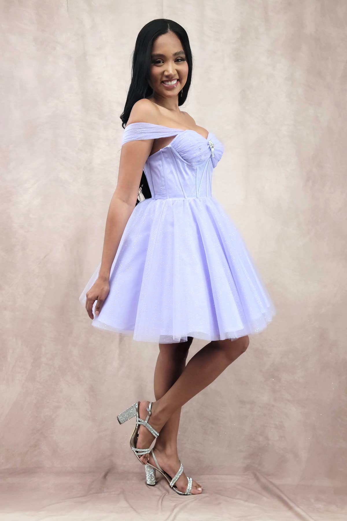 Chicas - Wholesale Dress - Women's - Short Off The Shoulder Tulle Dress With Brooch25