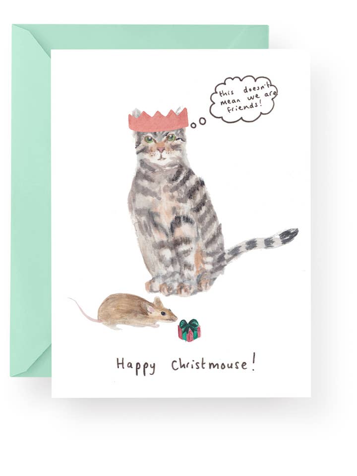 Happy Christmouse (Cat & Mouse) Christmas Card for wholesale by Western Sketch