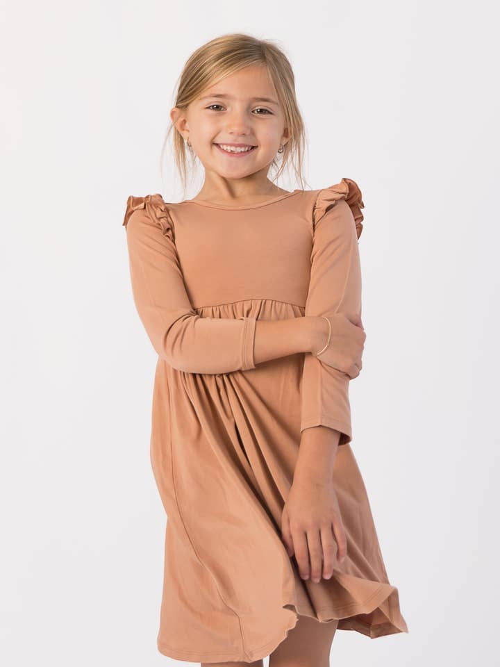 Beech | Long Sleeve Toddler Flutter Dress for wholesale by Bubble Baby