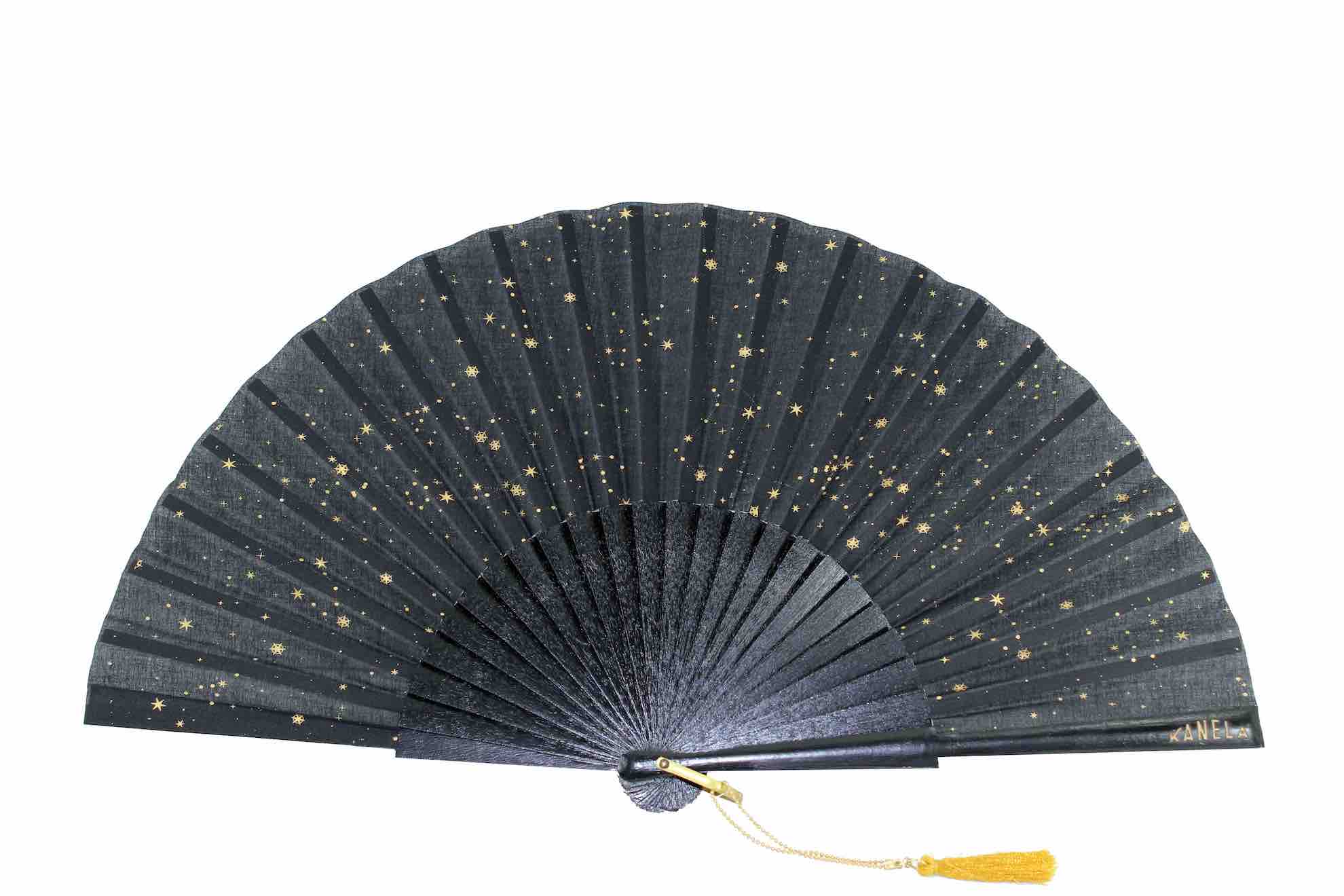 Kanela Fans - Vente Éventail - Éventail Infinity en bois de poirier noir et tissu coton doré1