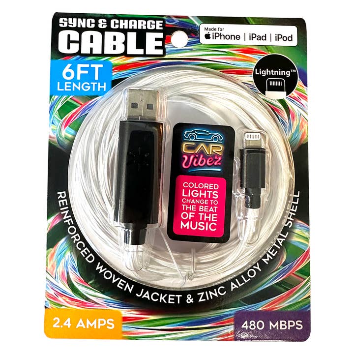 Charging Cable USB to Lightning LED Light Up 6 ft- 6/Pack for wholesale by Novelty Closeout
