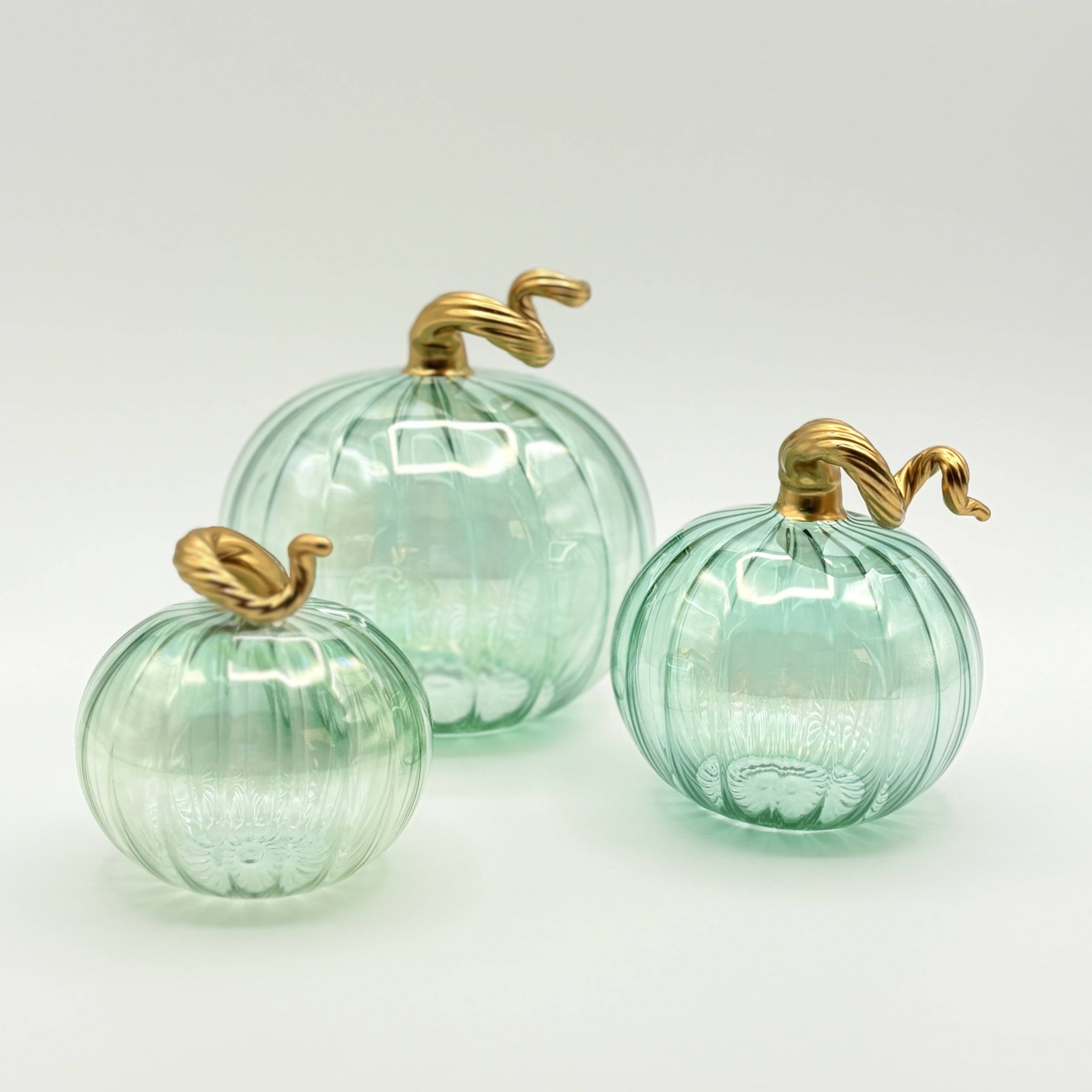 Dandarah (Ships from Canada) - Wholesale Decorative Tabletop Object - Blown Glass Tabletop Pumpkin - Iridescent Emerald with Gold Stem0