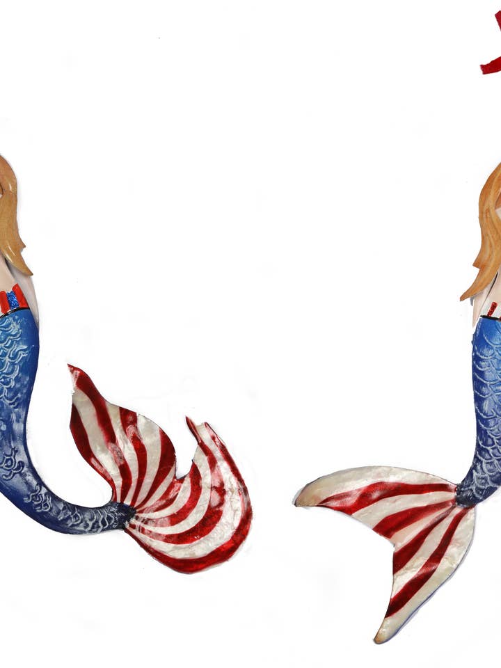 Metal & Capiz Patriotic Americana Mermaid Ornaments for wholesale by Bamboo Source Tropical Decor