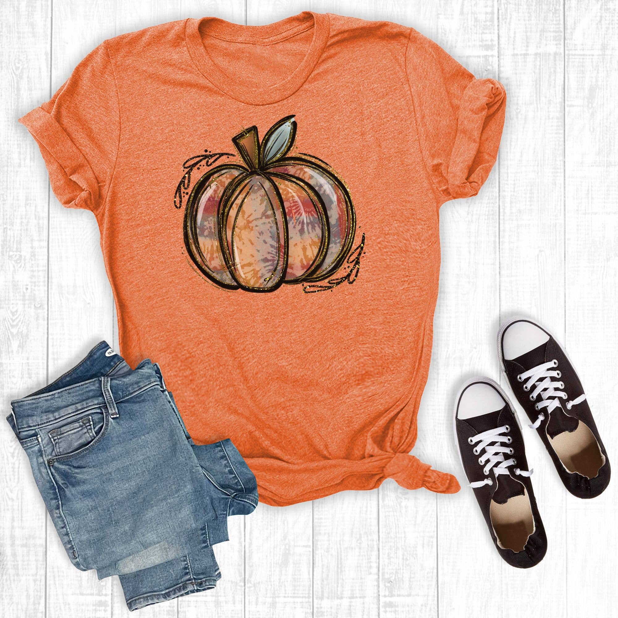 Rebel Rose - Wholesale Screen Printed T-Shirt - Women's - Tye Dye Pumpkin Graphic Tee Orange