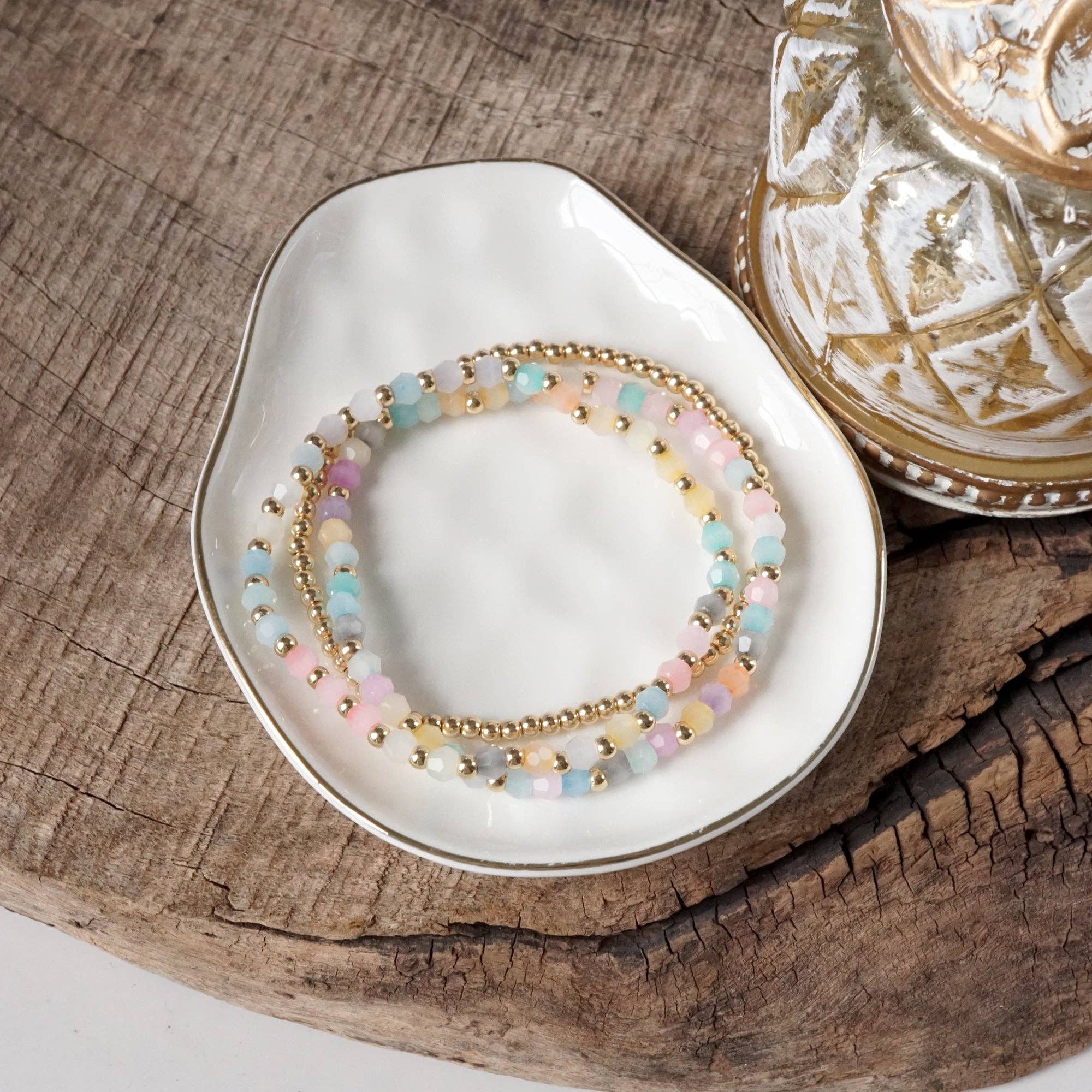 PennyLine inc - Wholesale Beaded Bracelet - Small Gold tone and Glass beads bracelet stack of 3 bracelets - Pink Mint Multi8