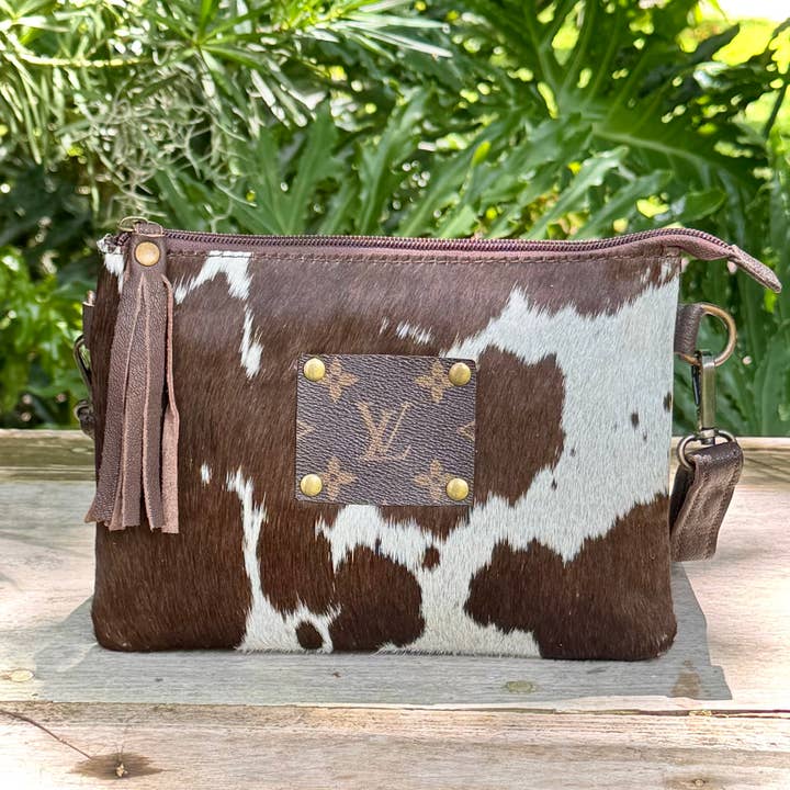 Upcycled LV Cowhide Leather Crossbody Bag Western Boho for wholesale by Southern Junkie Gypsy Boutique