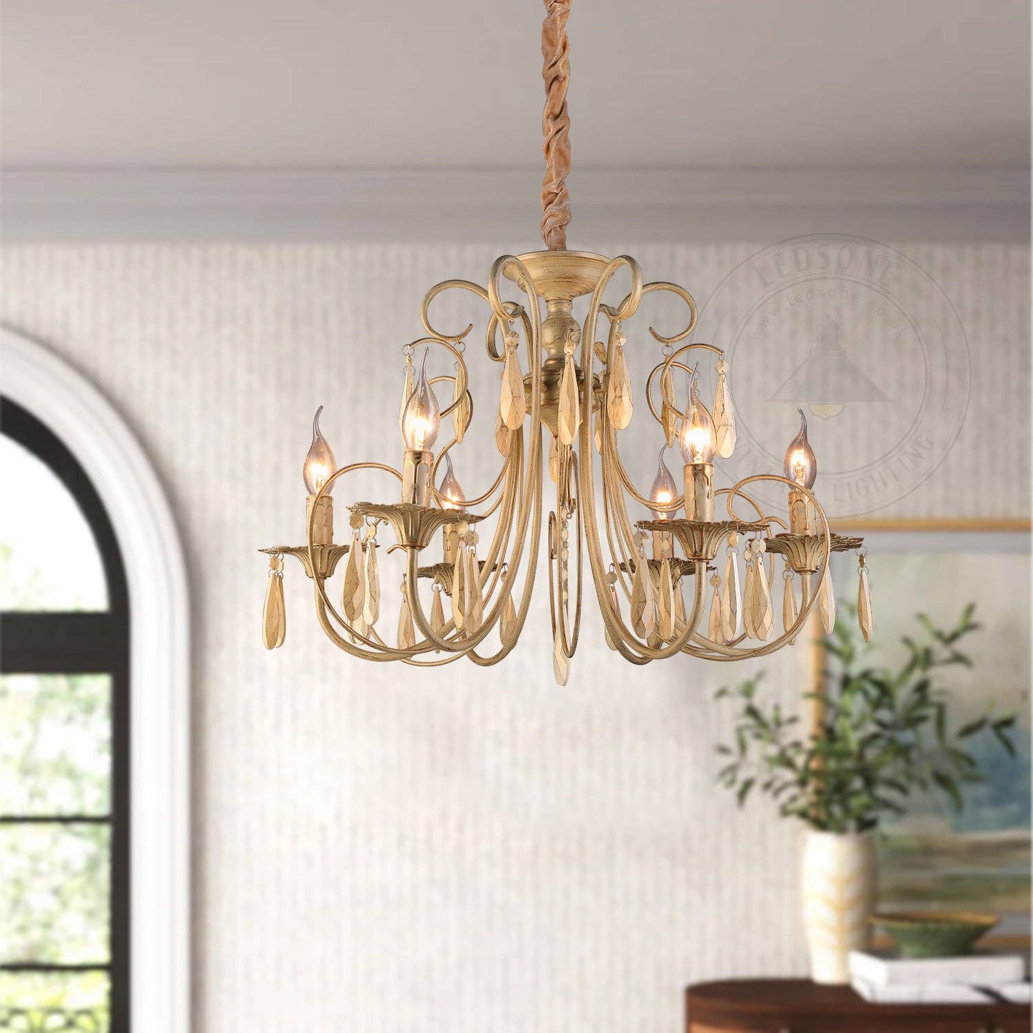 Ledsone - Wholesale Kroonluchter/hangend licht - Traditionele Geborsteld Goud 6 Armen Kristallen Kroonluchter Plafondlamp Kaarslamp ~ 46175