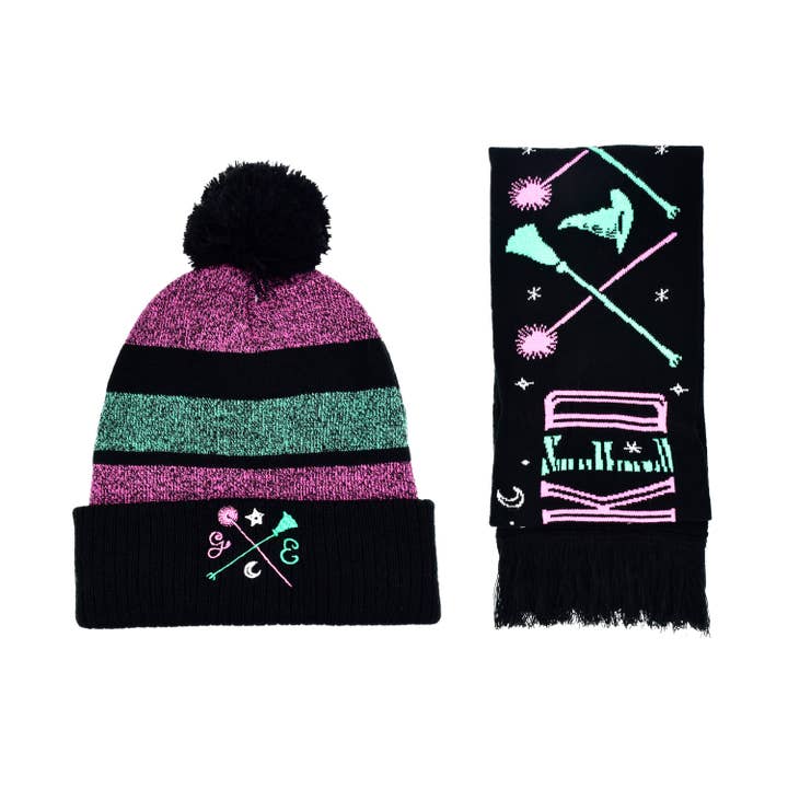 Wicked Wand & Broom Pink and Green Beanie & Scarf Set for wholesale by Concept One