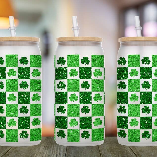 Faux Glittery Clovers St Patrick's Day Seasonal 16oz Libbey Glass Tumbler for wholesale by Kate Haven Glass Tumblers for Every Occasion