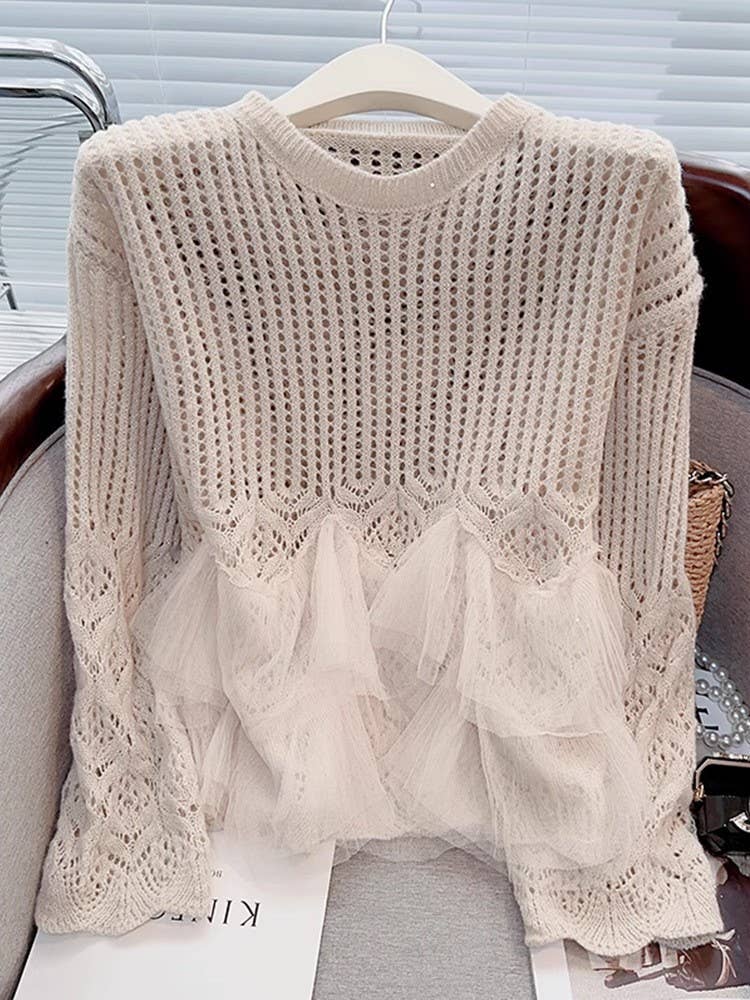 Beige Top de punto con cuello redondo y diseño hueco retro de venta al por mayor en Faire2