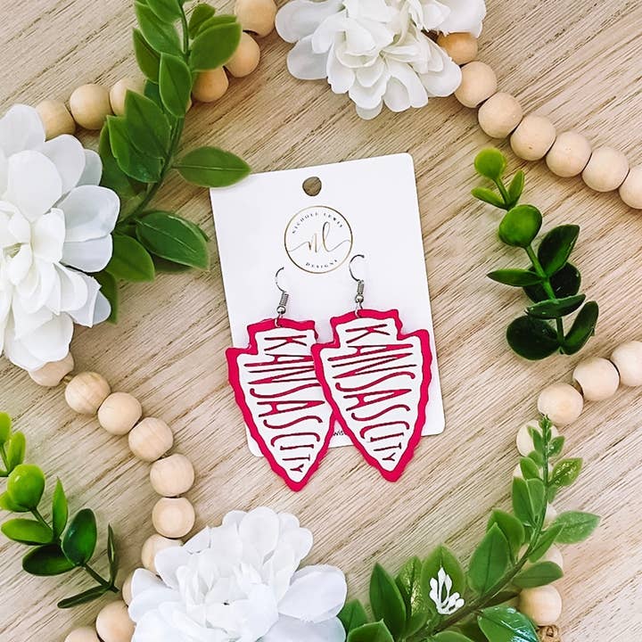 Golden Rae Wholesale - Wholesale Dangle Earrings - Kansas City Chiefs Leather Earrings- Pink
