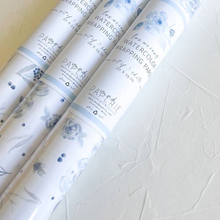 mad paperie - Vendita all'ingrosso Carta da regalo in fogli - Eleganti fiori blu - lussuosa confezione regalo ad acquerello