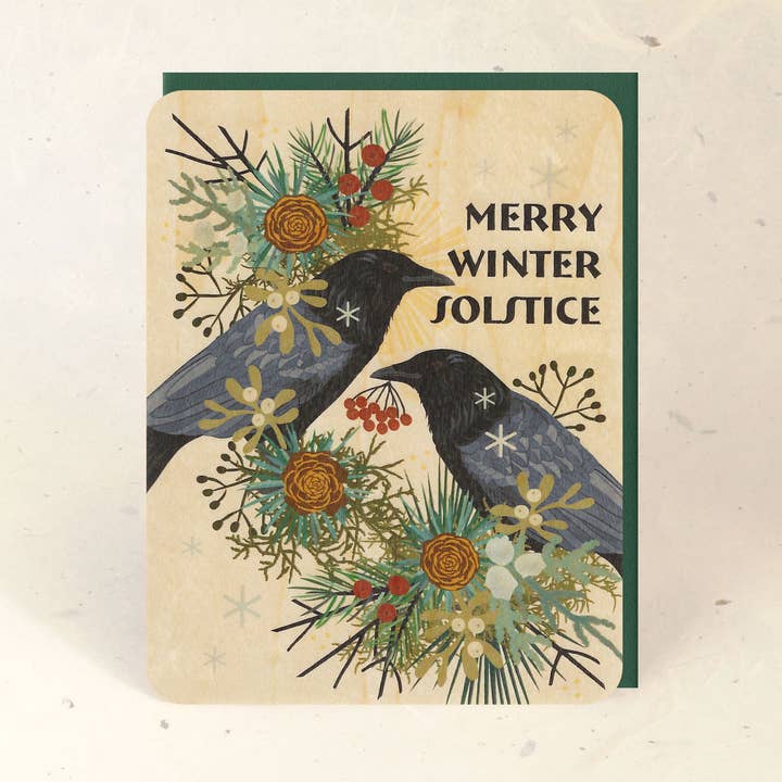 Tarjeta de felicitación de madera de cuervo para el solsticio de invierno para venta al por mayor de Little Gold Fox Designs
