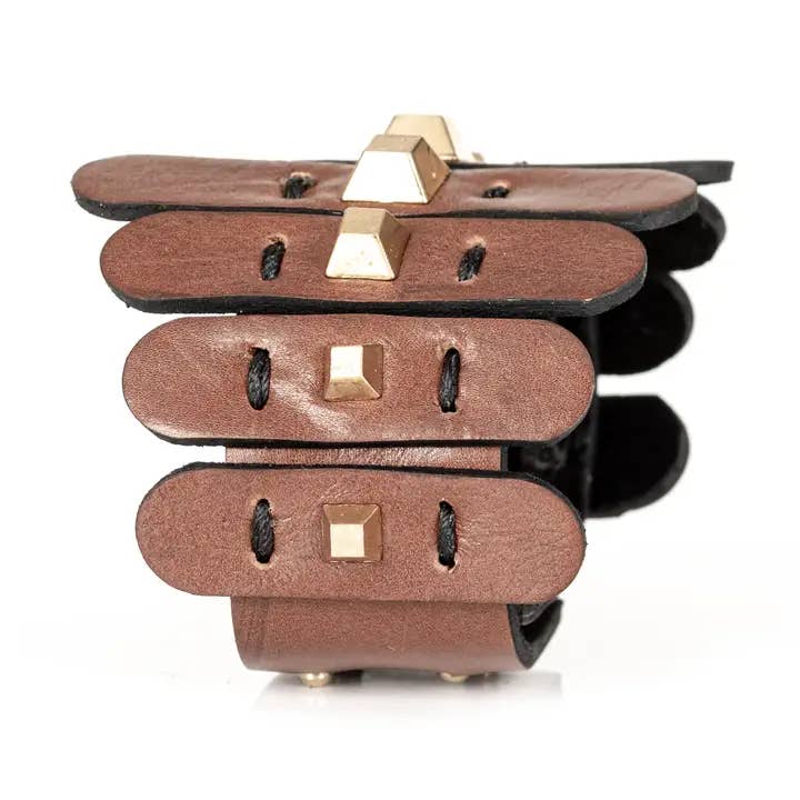 Layered Studded Leather Cuff Bracelet Brown & Gold for wholesale by The Dark