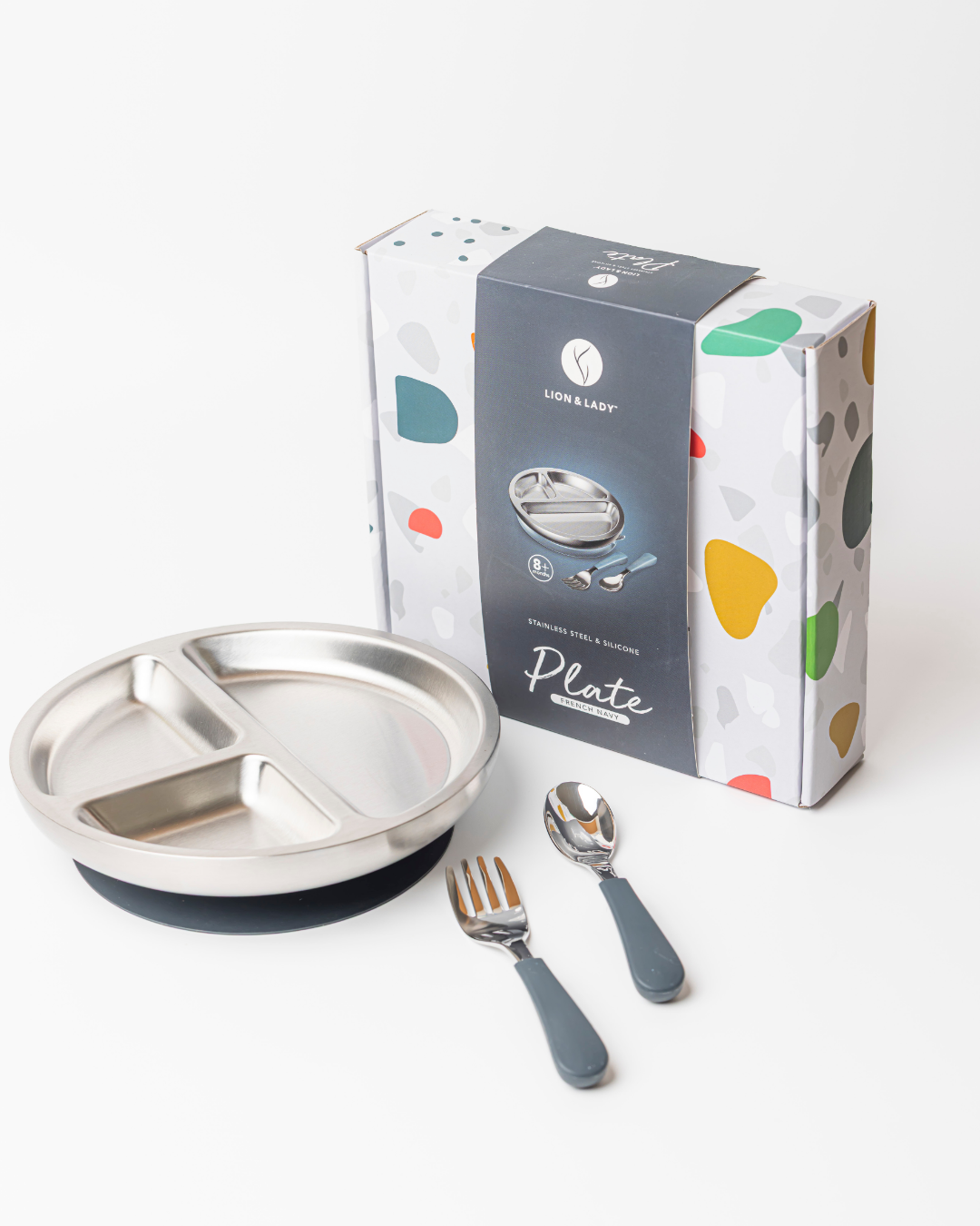 Lion & Lady - Wholesale Feeding Set - Baby - 18/8 Stainless Toddler Plate with silicone suction base, spoon and fork2