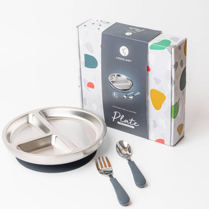Lion & Lady - Wholesale Feeding Set - Baby - 18/8 Stainless Toddler Plate with silicone suction base, spoon and fork2
