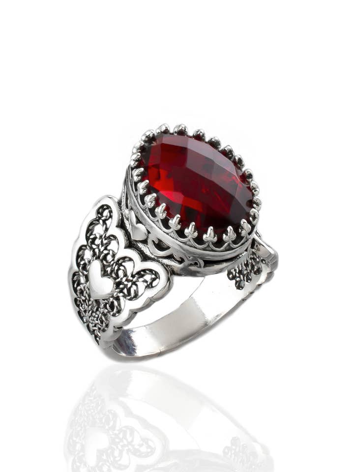 Art Double Heart Ruby Quartz Gemstone Women Silver Ring for wholesale by Filigranist Jewelry