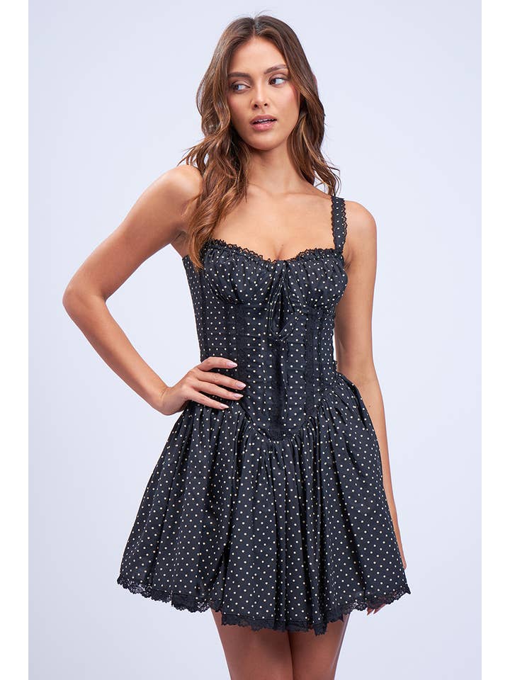 Bydo dots Black -POLKA DOT SWEETHEART OPEN NECK CORSET MINI DRESS for wholesale on Faire