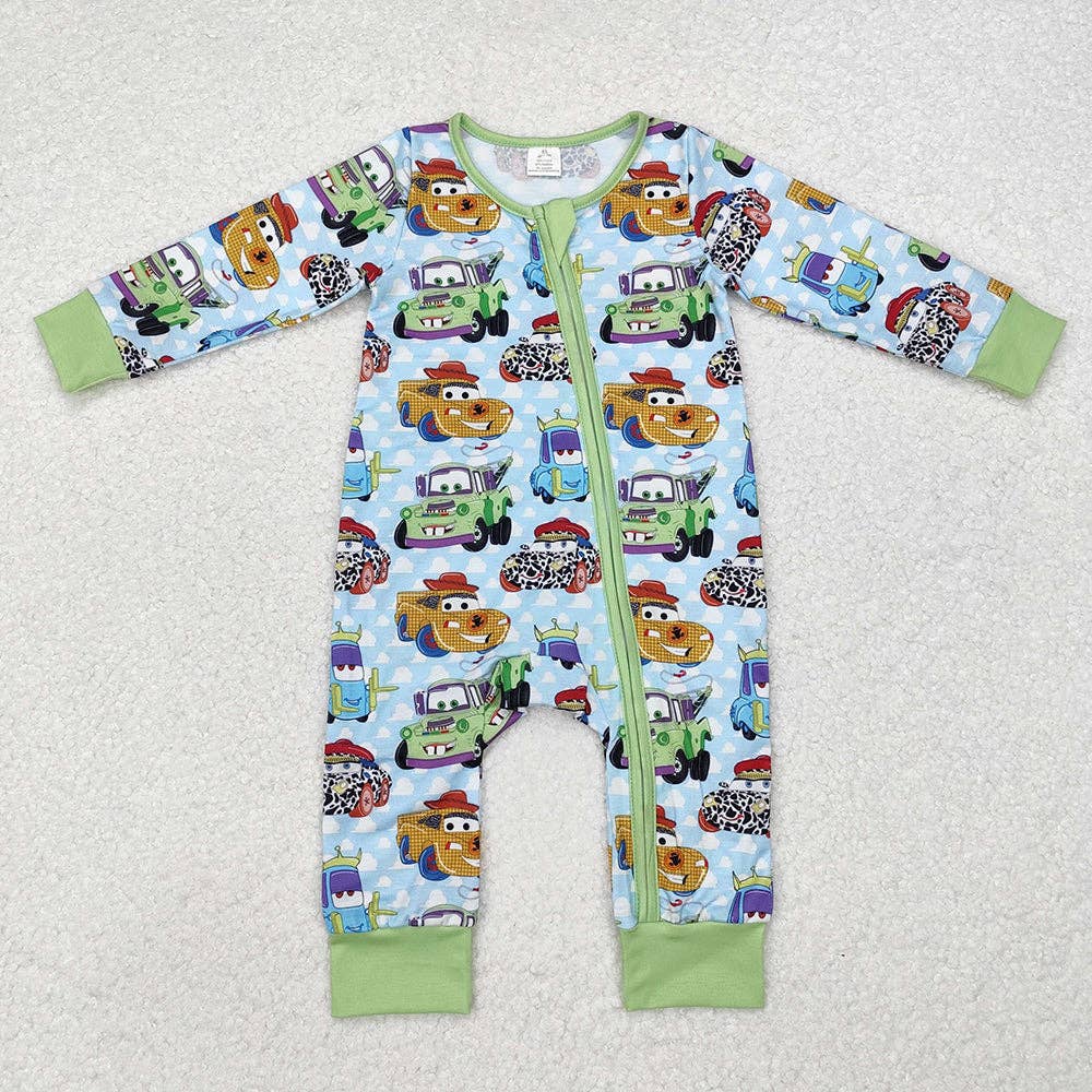 Aier Wholesale - Wholesale Sleepwear Set - Kids - Sibling Girls Baby Infant Boys Green Cars Bamboo Zip Rompers0