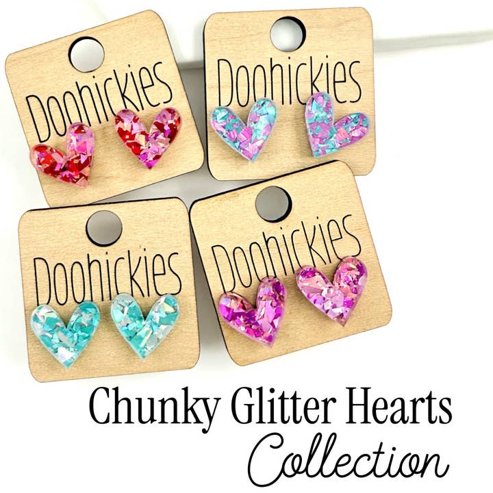 Chunky Glitter Swoopy Heart Studs Kollektion - Valentinsøreringe for engroshandel hos Doohickies