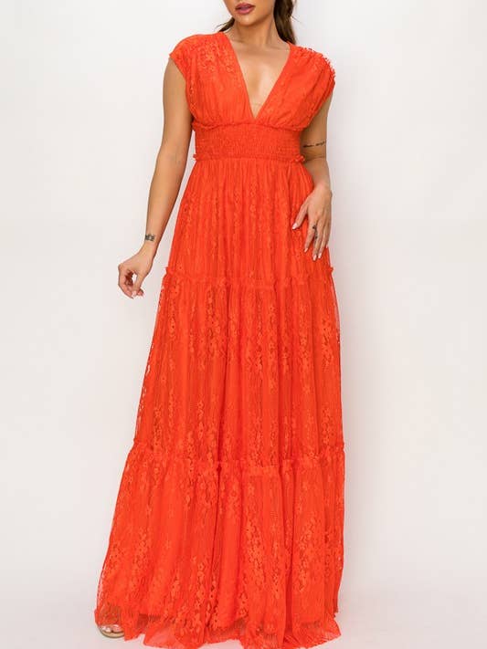 Miss Avenue - Vendita all'ingrosso Vestito - Donna - Maxi Abito Arruffato Con Manica Ad Aletta In Pizzo DM31070