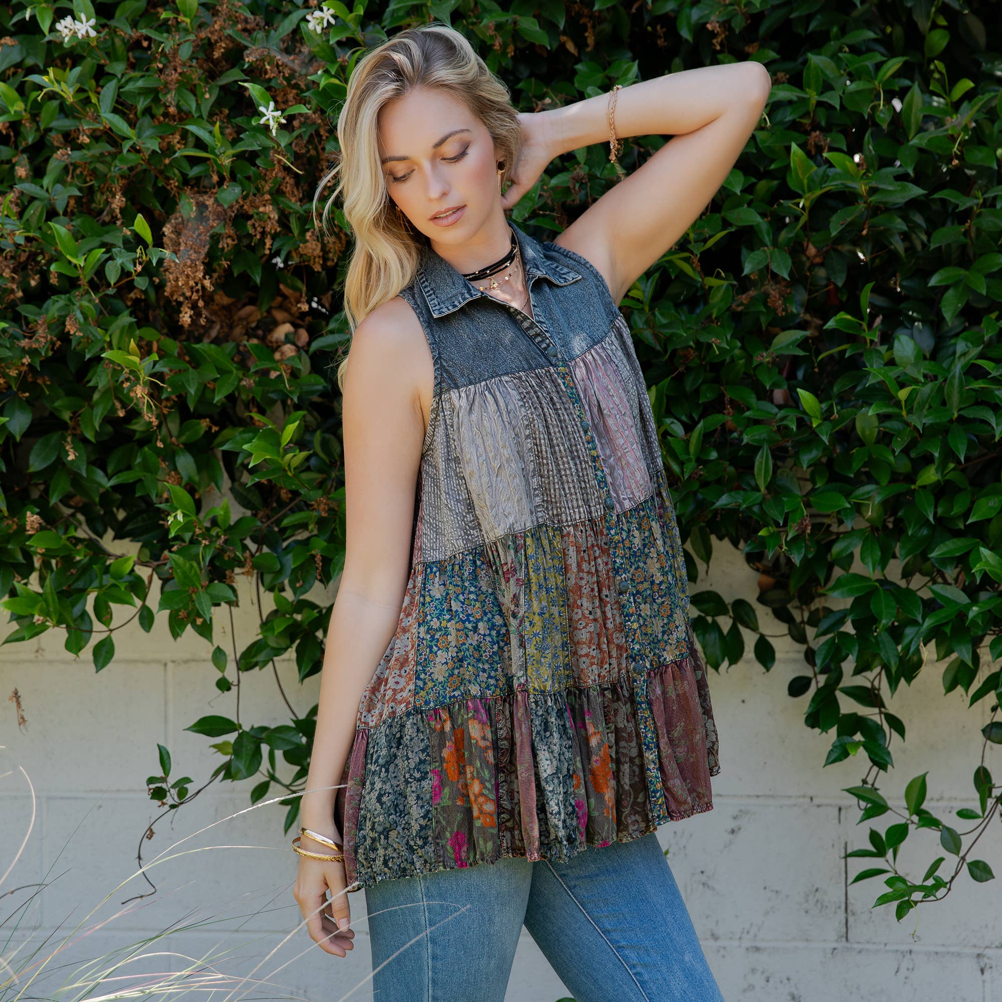 Young Threads - Wholesale Button Down Shirt - Women's - Boho Chic Nomad Patchwork Buttondown Top Sleevel (New Color)53